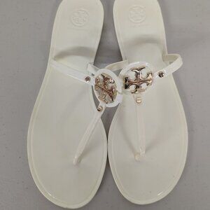 Tory Burch Sz 11 Cream Mini Miller Thong Gold logo Sandal flip flop Jelly
